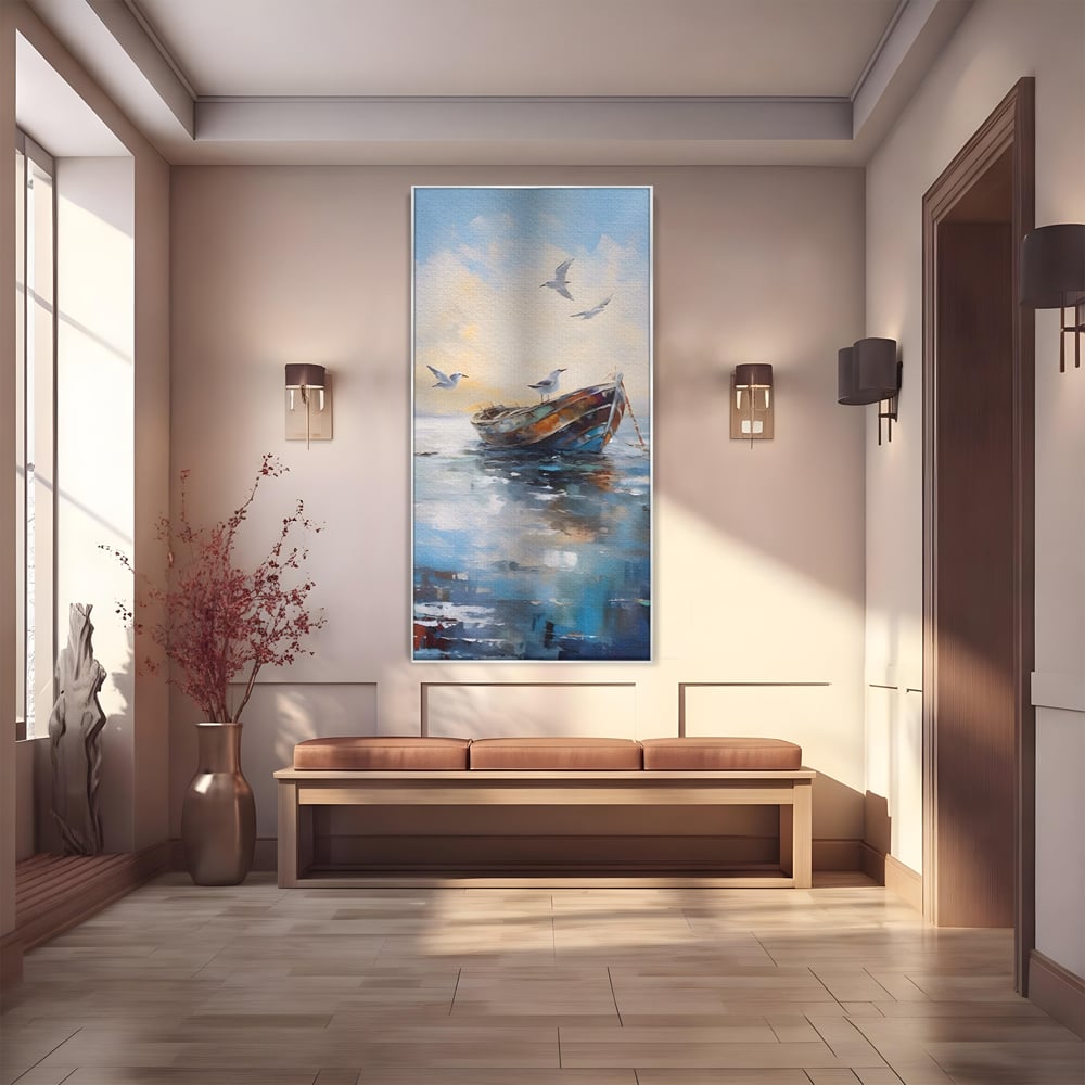 Tablou canvas cu tablou canvas cu barca si pescarusi, in rama de aluminiu argintiu